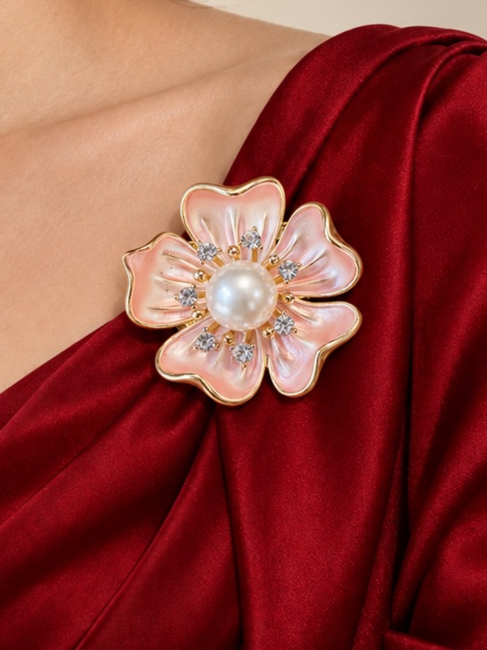 Pink Blossom Floral Gold Pearl Brooch